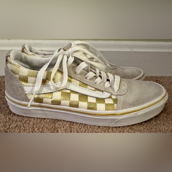 Vans Asher Kids Unisex Gold Laced Canvas Checkered Skate Slip On Shoes Size 6 - Picture 9 of 16